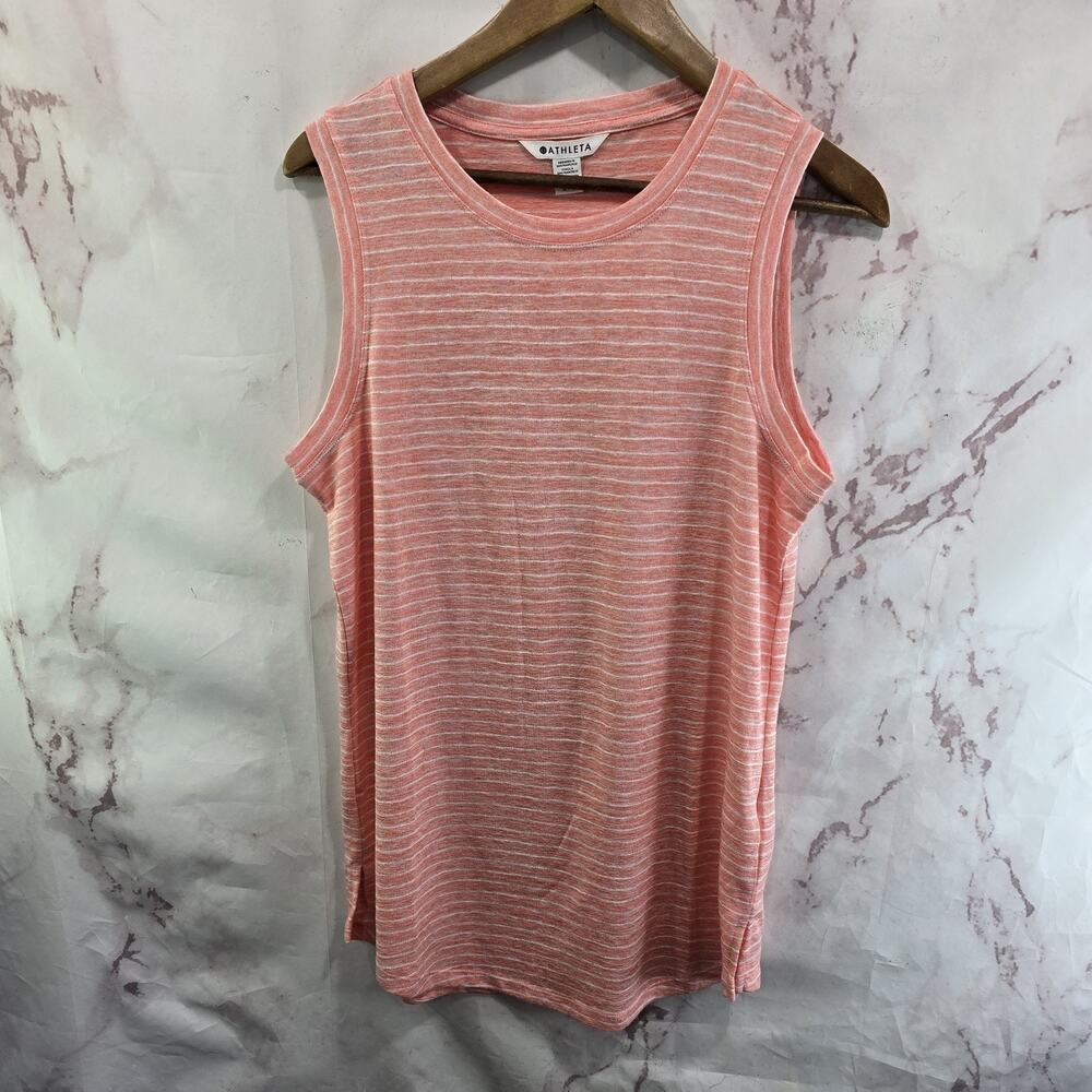 Athleta Tank Top Womens Medium Tall Pink White Striped Breezy Racerback Modal